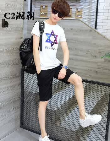 套2018夏季新款男士短袖t恤套装韩版男装修身薄款短裤短袖男 白色黑裤