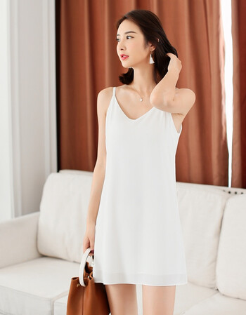 韦蒙v领雪纺吊带裙中长夏打底内搭纯色双层吊带背心裙 白色 l