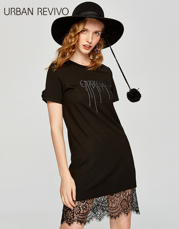ur2018夏季新品青春女装合身拼接圆领短袖h型连衣裙yv05s7be2000 深黑