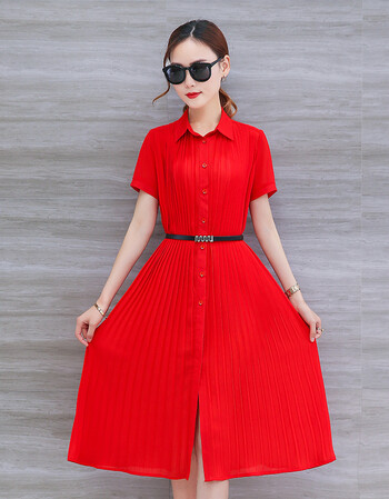 新款夏天夏装夏款韩版短袖中长款长裙子小黑裙小红裙连衣裙女 大红 m