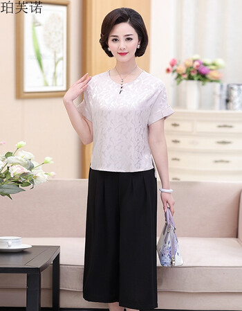 装夏装短袖套装40-50岁时尚中老年女装夏季短袖t恤上衣两件套 银灰