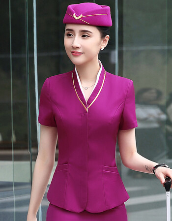 制服职业套装夏季短袖女高铁乘务员珠宝酒店美容师工作服 玫红色上衣