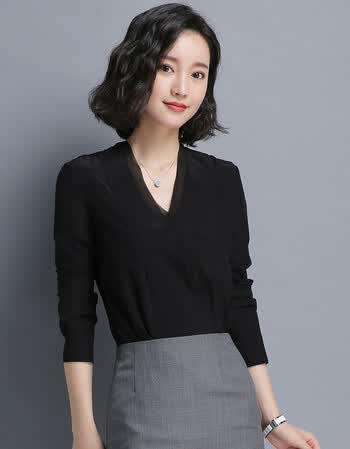 秋季新款女装套裙衬衫长袖正装工作服白色衬衫两件套套装 黑色衬衫