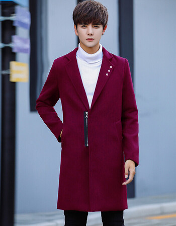 新款秋冬季韩版修身男士毛呢大衣中长款呢子外套加大码男风衣 酒红色
