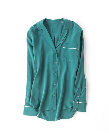 欧莎倩2018夏季新款欧美睡衣风松石绿砂洗真丝衬衫女桑蚕丝长袖上衣