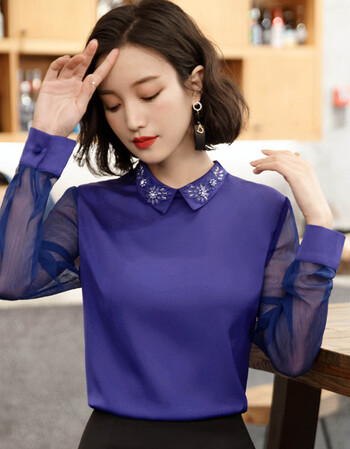 女装 雪纺衫 一路悦 雪纺衬衫女2018春装新款韩版宽松雪纺衫女长袖钉