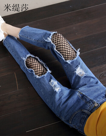 米缇莎2018春装渔网破洞牛仔裤女韩版高腰宽松bf网格乞丐卷边九分直筒