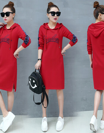 春天衣服女长袖t恤修身中长款韩版连帽女土打底衫新款2018上衣 红色