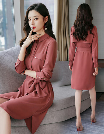 春装2018新款韩版雪纺连衣裙女中长款复古初恋裙收腰显瘦裙子 豆沙色