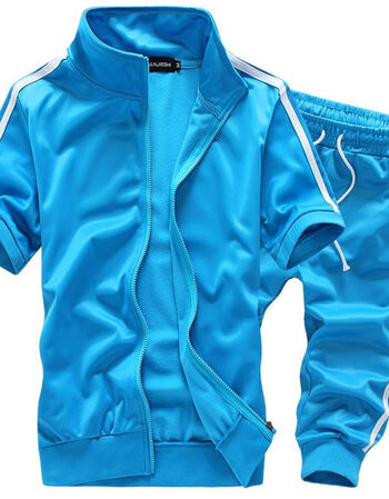 潮男韩版休闲运动七分裤一套男装夏季学生短袖健身服装男套装 天蓝色