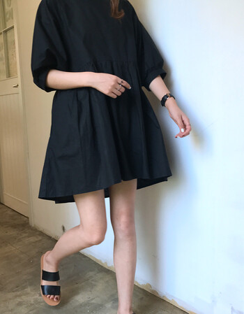 下摆压褶连衣裙女2018春装新款韩版百搭灯笼五分袖娃娃裙中长裙子