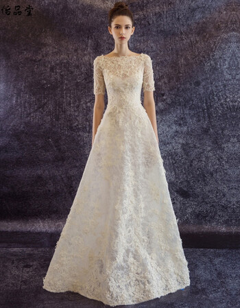 怡品堂服饰婚纱礼服2018新款新娘简约齐地一字肩短袖森系修身显瘦结婚