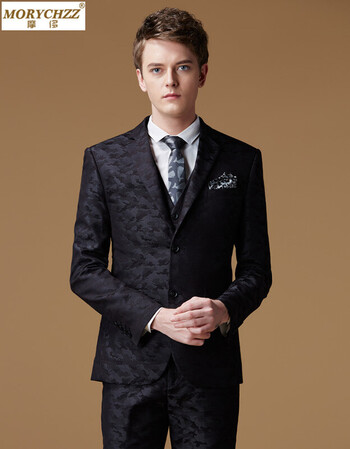 套装2017新郎西服套装男西装三件套秋冬修身韩版潮黑灰迷彩结婚礼服