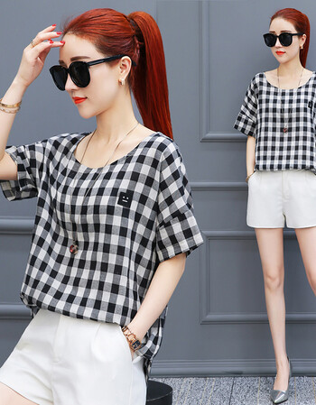 夏尔维纳格子t恤女2018夏装新款短袖时尚宽松显瘦上衣韩版百搭衣服