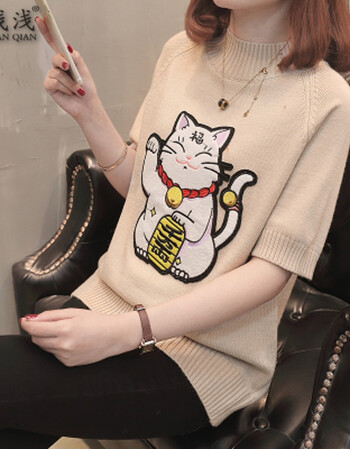 喜浅浅装女士招财猫毛衣韩版时尚短款套头短袖打底衫潮针织衫 浅咖 xl