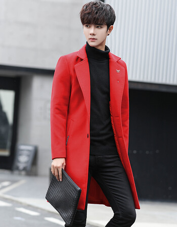 新品中长款呢子风衣加棉韩版修身翻领商务休闲大码外套男装 红色薄款