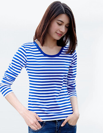 长袖t恤女学生秋冬白色打底衫上衣白色t恤女长袖 海纹衫圆领蓝/白色