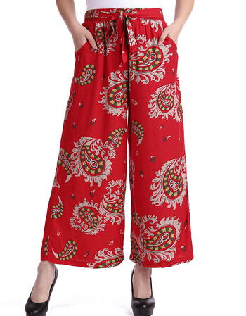 2018年中老年阔腿裤女棉绸薄款高腰宽松紧妈妈广场舞花裤裙裤大码女裤