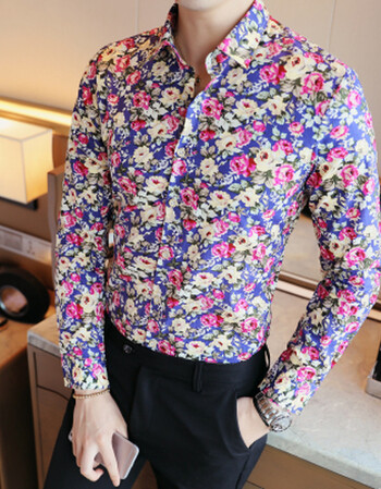 上衣方领休闲民族风花型印花衬衫长袖常规男社会小伙花衣服实惠价 3号