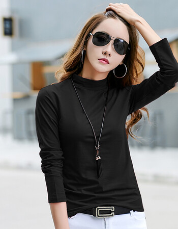 夏尔维纳半高领打底衫女春秋中领长袖大码t恤棉质简约上衣纯色小衫潮