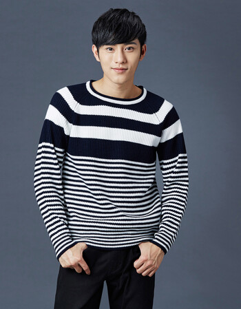 西格纳男士毛衣男秋季新款套头圆领条纹针织衫男 蓝色 xl