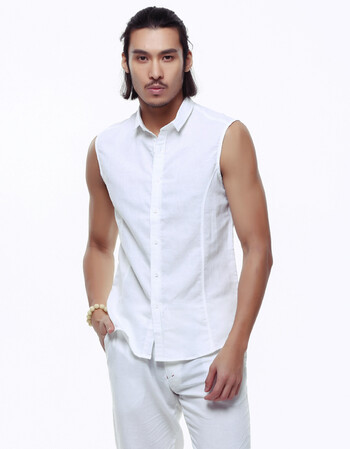 薄款小领亚麻无袖衬衫男士休闲透气修身麻料打底衫青年棉麻衬衣男