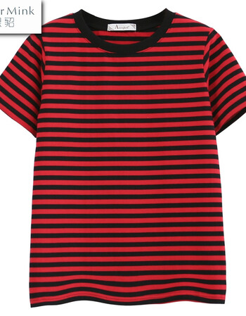 韩版条纹打底衫上衣半袖休闲宽松百搭学生短袖t恤女 黑红条纹(短袖) m