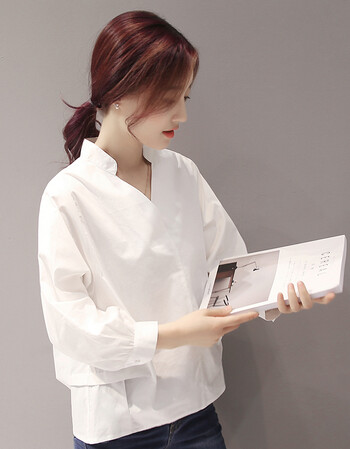 白衬衫女九分袖2018春款新款韩版百搭v领上衣宽松显瘦棉衬衣潮 白色 s
