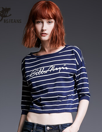 bs2b/小魔鱼女装打底衫短款绣花条纹七分袖女士套头衫圆领毛衣女