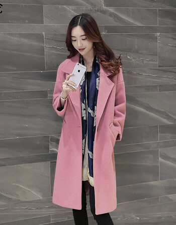 反季秋冬羊毛呢子大衣中长款韩版宽松显瘦甩卖休闲毛呢外套女 粉色 xl