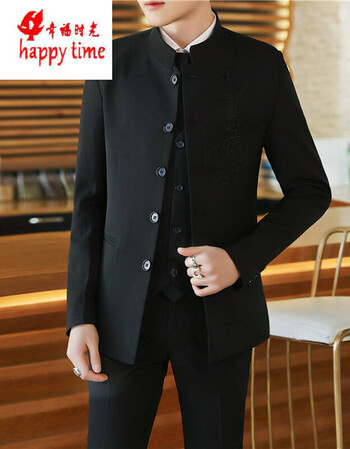 无头中山装男青年套装修身立领中国风男士唐装西服三件套西装中式礼服