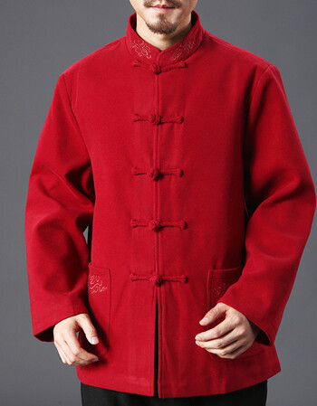 春秋新中老年唐装男外套大码父装生日宴会爷爷中山装中式男夹克 红色