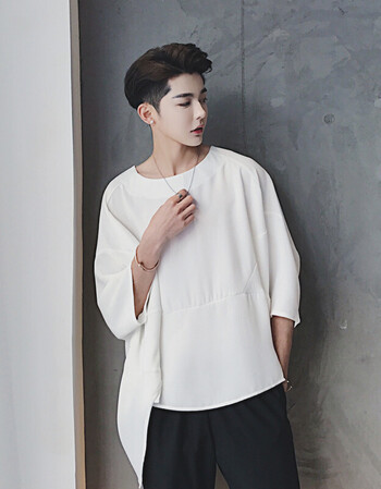 个性中长款t恤男日系复古创意短袖嘻哈潮流男装蝙蝠袖五分袖t恤男