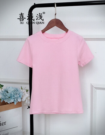 春装新款女装2018 韩版圆领纯色学生短袖t恤女 上衣潮 水粉色 s