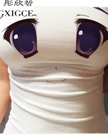 红主播直播穿的衣服性感夜店萌表情女生显大胸妹子短袖t恤上衣 紫眼睛