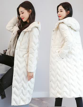 天天棉衣女中长款韩版冬装修身显瘦棉服连帽外套大码宽松棉袄 米白色