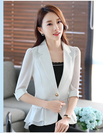 西装女外套短款修身韩版七分袖荷叶边雪纺大码胖mm白西服薄款夏 白色a