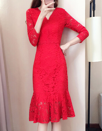 新年女装结婚礼服回门敬酒服新娘红色连衣裙中长款v领鱼尾蕾丝裙 红色