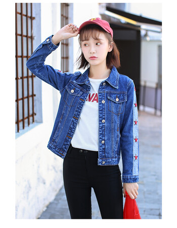 外套女夏短款宽松春秋韩版学生bf百搭大口袋长袖牛仔衣短外套 蓝色