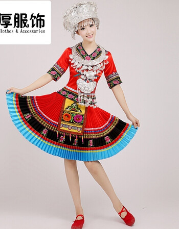 刺绣新苗族服装演出服女长款百褶裙云南少数民族湘西瑶族服饰 红色短