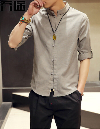 乔途 春季中国风亚麻衬衫九分袖盘扣青少年衬衫潮男 灰色 xl