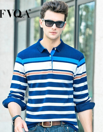男青年2018春季翻领长袖t恤休闲男装新款条纹长袖体恤免熨烫 蓝色 180