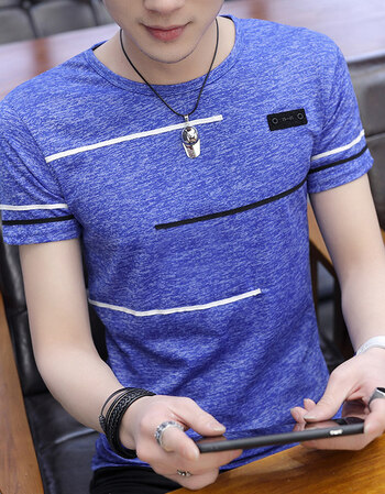 短袖t恤男士圆领修身体恤潮流男装衣服韩版t恤衫半袖 8061-蓝色 xl