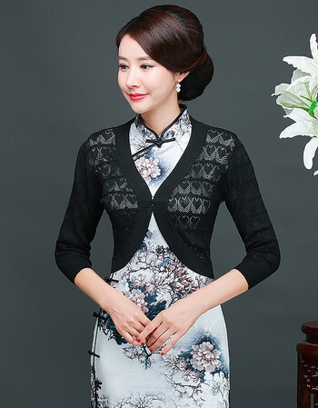 维纳旗袍披肩外搭2018春季新款百搭中袖镂空针织开衫小外套短款坎肩