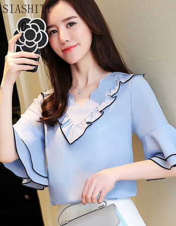 saishiti 雪纺衫女夏新款2018韩版小清新波浪形v领荷叶边喇叭袖上衣女