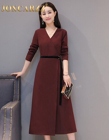 春季女装新款时尚气质连衣裙韩版修身显瘦v领长裙打底裙a字裙 猪肝色