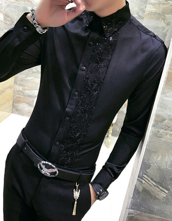 蕾丝衬衫男长袖修身潮流2018春季个性发型师夜店青年紧身衬衣帅气
