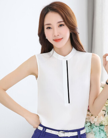 夏尔维纳夏天有带领无袖衬衫女翻领上衣夏季百搭砍袖坎袖气质淑女背心