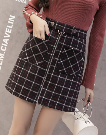 格子裙包臀裙女2017秋冬新款时尚百搭拉链口袋毛呢a字裙半身裙 黑色 s