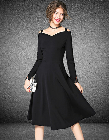 2017秋季新款女装欧美修身收腰露肩连衣裙一字领礼服裙走秀款 黑色 m